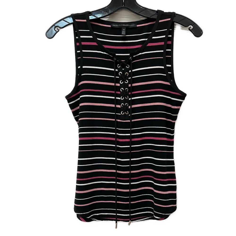 White House Black Market Black Stripe Rayon Tie Front Top Size XS
